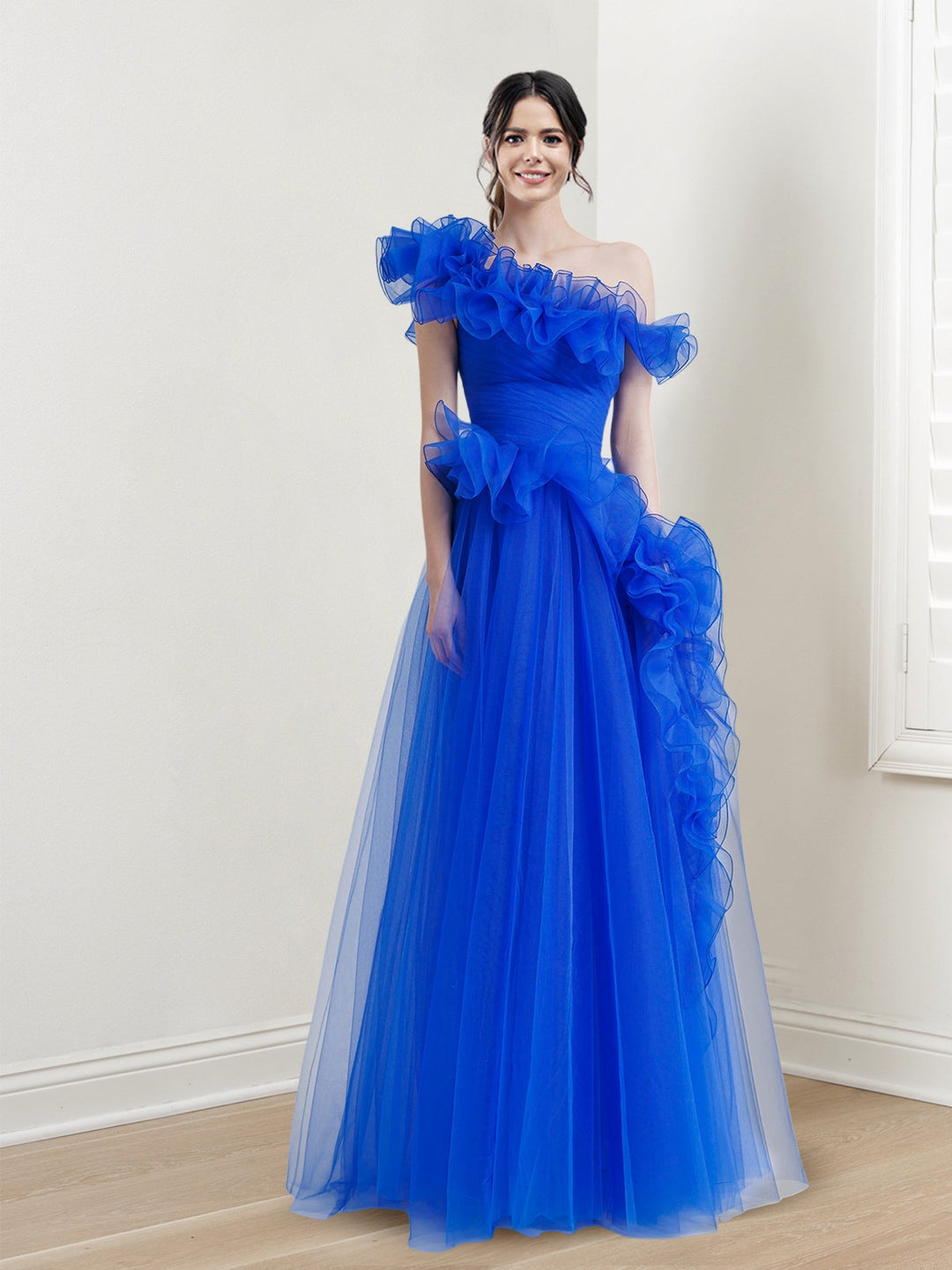 Robe de Bal Longue à Volants, Coupe A-Line/Princess, Asymétrique, Sans Manches, Longueur Au Sol