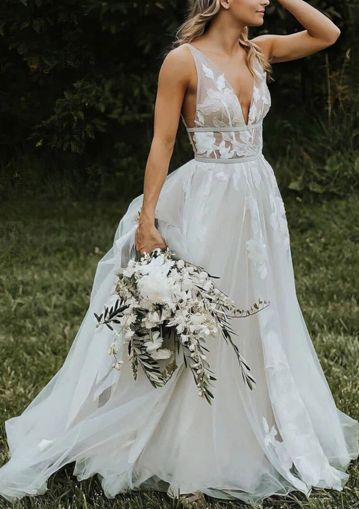 Robe de Mariée Longue Au Sol à Col en V et Coupe A-Line/Princesse