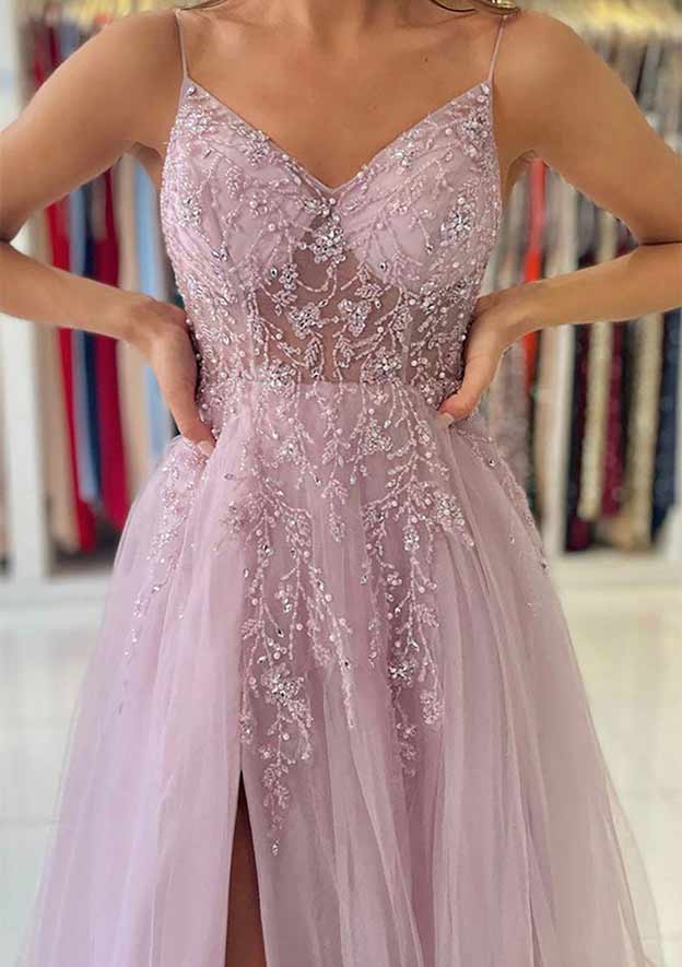 Robe de Bal Longue à Bretelles Spaghetti et Col en V, Coupe A-Line/Princesse, avec Fente Sur le Côté