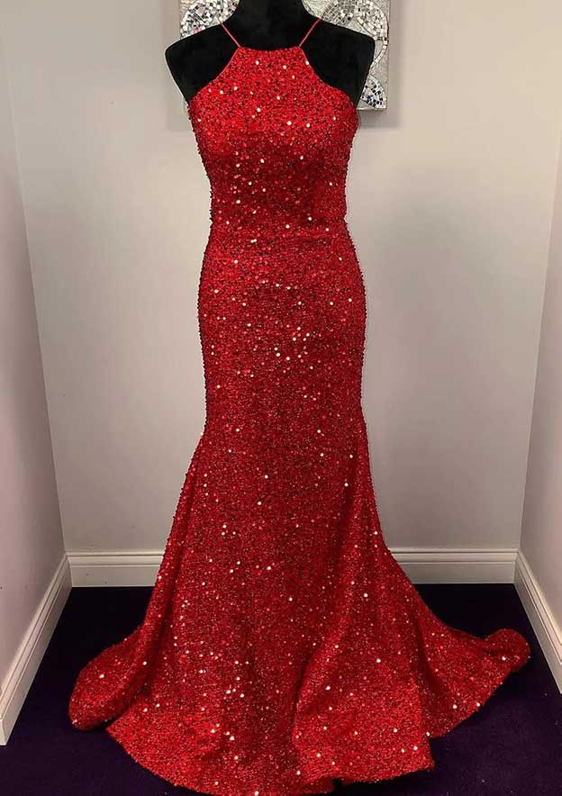 Robe de Bal Longue Sans Manches à Col Licou Sirène/Trompette avec Paillettes
