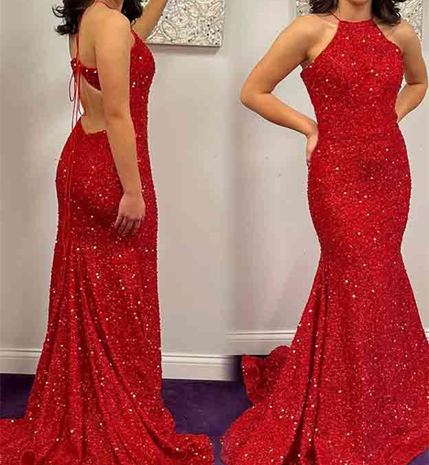 Robe de Bal Longue Sans Manches à Col Licou Sirène/Trompette avec Paillettes