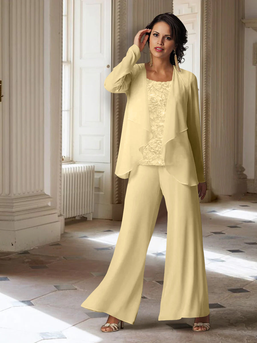 Tailleur-Pantalon en Mousseline à Manches Longues pour Mère de la Mariée avec Veste