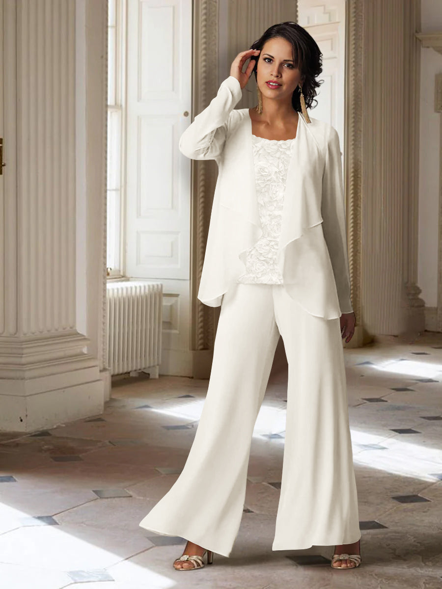 Tailleur-Pantalon en Mousseline à Manches Longues pour Mère de la Mariée avec Veste