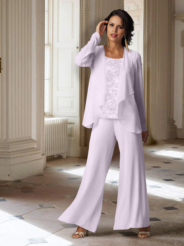 Tailleur-Pantalon en Mousseline à Manches Longues pour Mère de la Mariée avec Veste