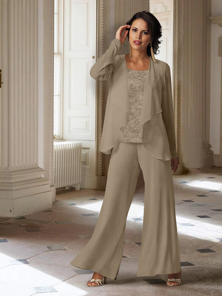 Tailleur-Pantalon en Mousseline à Manches Longues pour Mère de la Mariée avec Veste