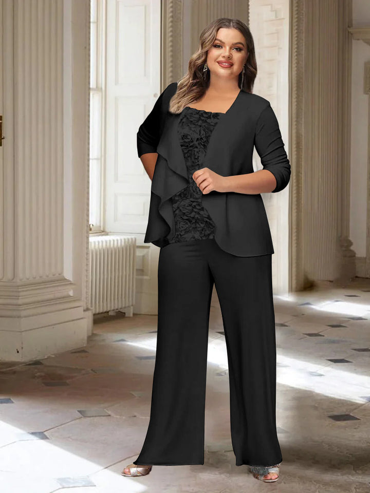 Tailleur-Pantalon en Mousseline de Soie à Manches Longues et Veste pour Mère de la Mariée Grande Taille