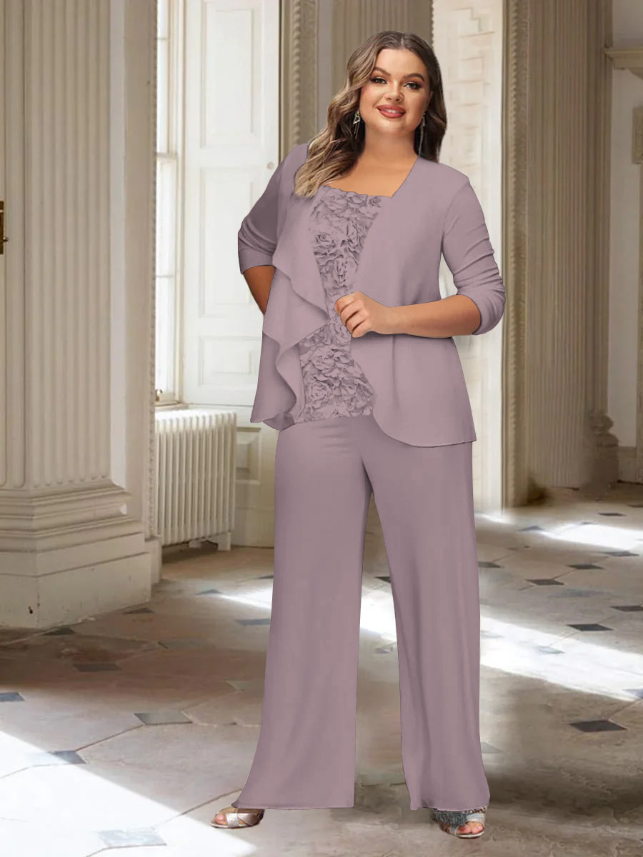 Tailleur-Pantalon en Mousseline de Soie à Manches Longues et Veste pour Mère de la Mariée Grande Taille