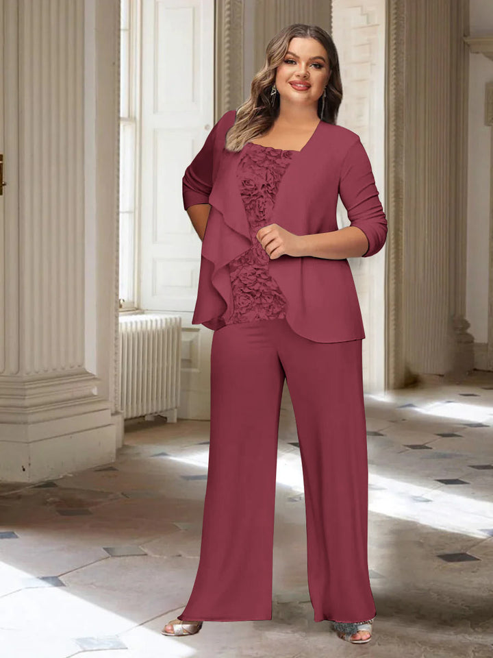 Tailleur-Pantalon en Mousseline de Soie à Manches Longues et Veste pour Mère de la Mariée Grande Taille