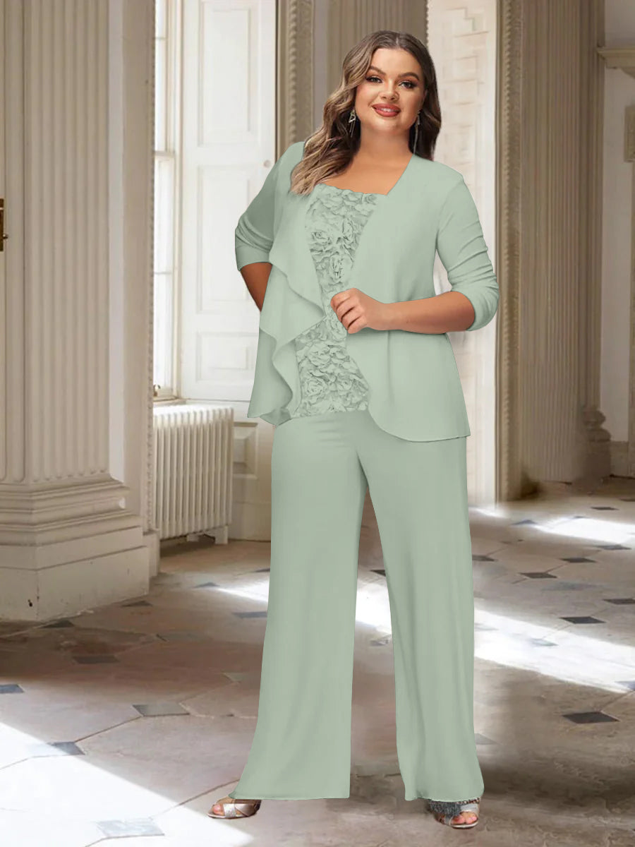 Tailleur-Pantalon en Mousseline de Soie à Manches Longues et Veste pour Mère de la Mariée Grande Taille