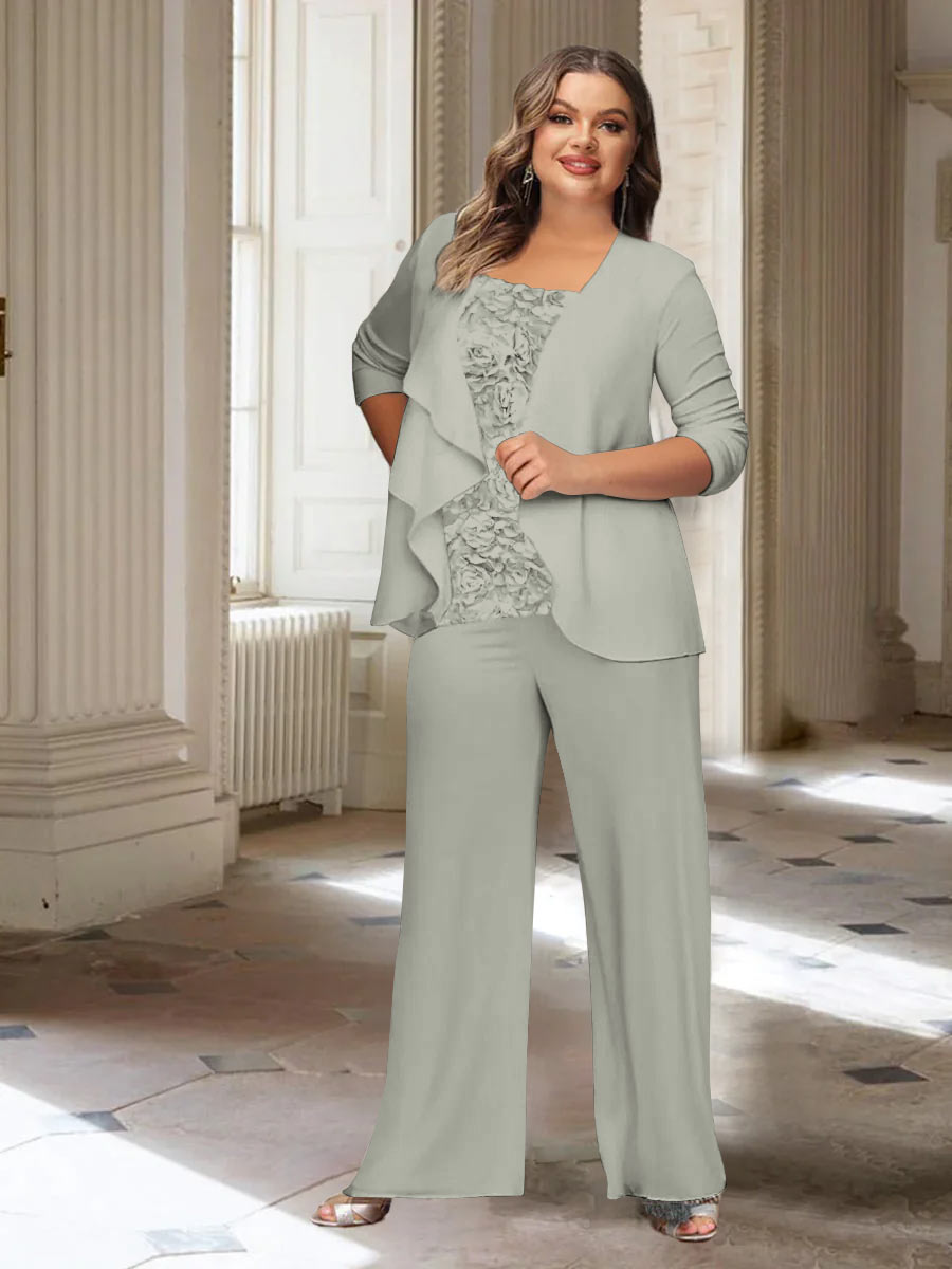 Tailleur-Pantalon en Mousseline de Soie à Manches Longues et Veste pour Mère de la Mariée Grande Taille
