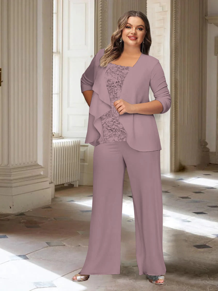 Tailleur-Pantalon en Mousseline de Soie à Manches Longues et Veste pour Mère de la Mariée Grande Taille