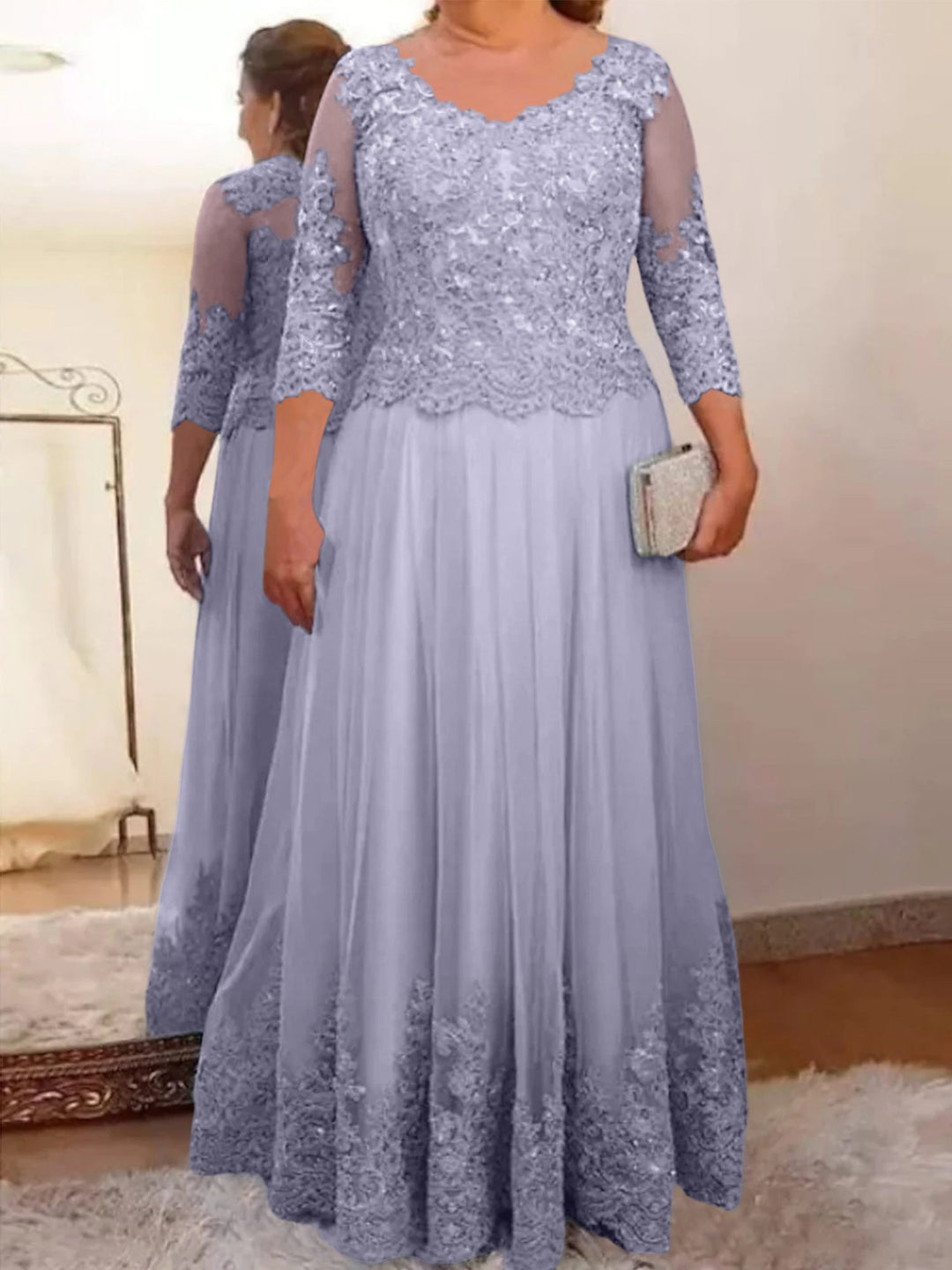 Robe de Mère de la Mariée Coupe A-Line/Princess, Col Transparent, Manches 3/4, Longueur Au Sol, avec Appliques