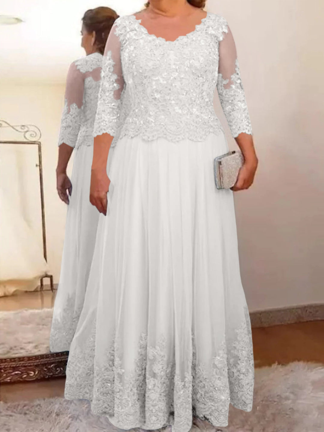 Robe de Mère de la Mariée Coupe A-Line/Princess, Col Transparent, Manches 3/4, Longueur Au Sol, avec Appliques