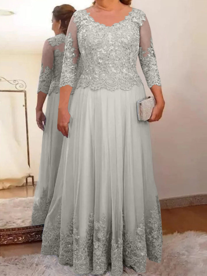 Robe de Mère de la Mariée Coupe A-Line/Princess, Col Transparent, Manches 3/4, Longueur Au Sol, avec Appliques