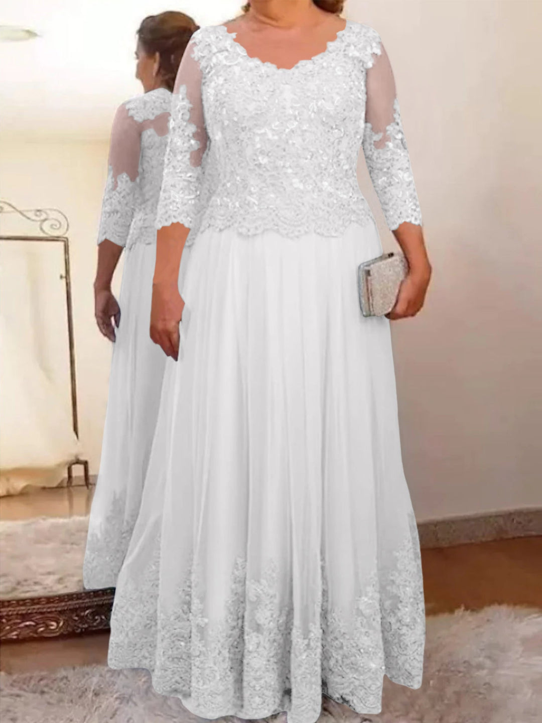 Robe de Mère de la Mariée Coupe A-Line/Princess, Col Transparent, Manches 3/4, Longueur Au Sol, avec Appliques