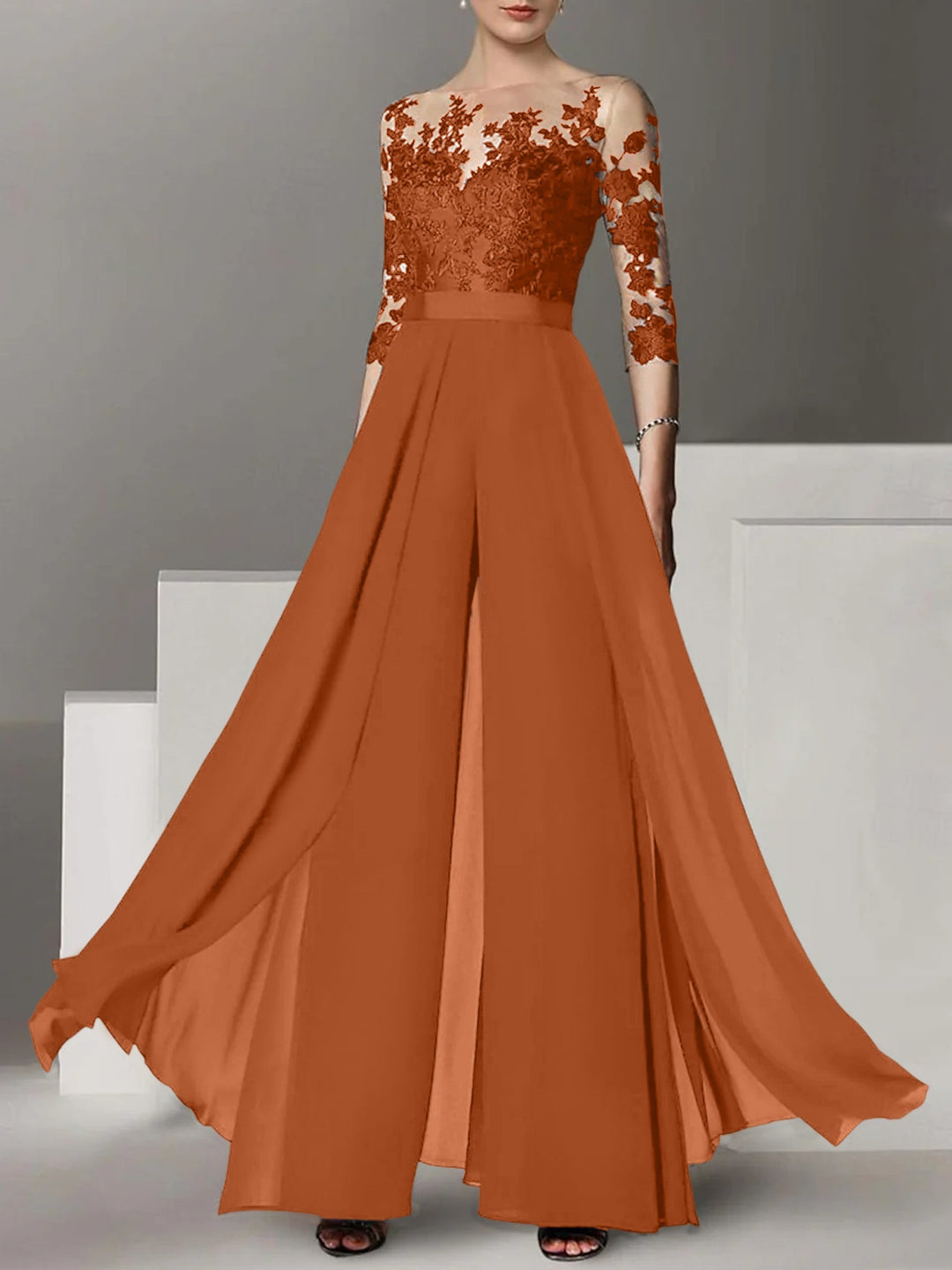 Ligne A/Princesse Collier Bijou 3/4 Length Sleeves La Longueur du Sol Plus TailleTailleurs-pantalons pour mère de la mariée avec Appliqué