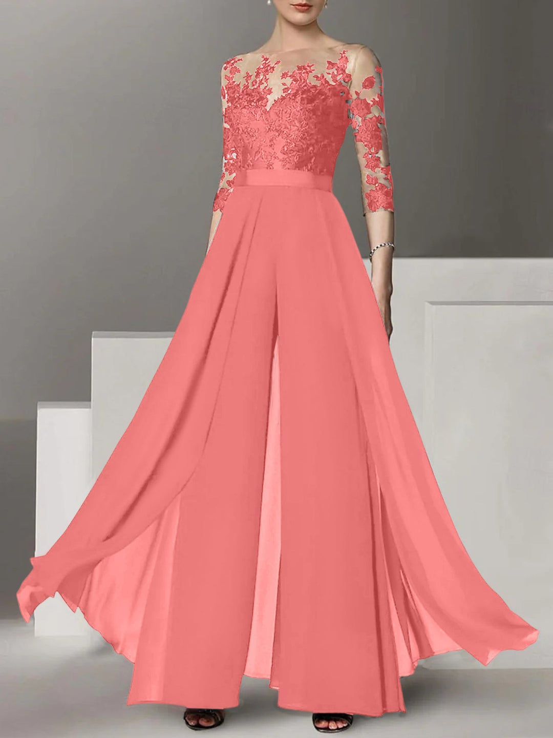 Ligne A/Princesse Collier Bijou 3/4 Length Sleeves La Longueur du Sol Plus TailleTailleurs-pantalons pour mère de la mariée avec Appliqué