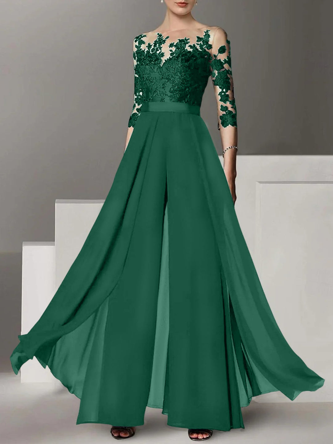 Ligne A/Princesse Collier Bijou 3/4 Length Sleeves La Longueur du Sol Plus TailleTailleurs-pantalons pour mère de la mariée avec Appliqué