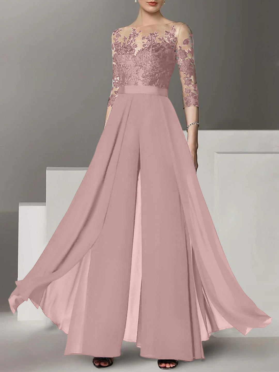 Ligne A/Princesse Collier Bijou 3/4 Length Sleeves La Longueur du Sol Plus TailleTailleurs-pantalons pour mère de la mariée avec Appliqué