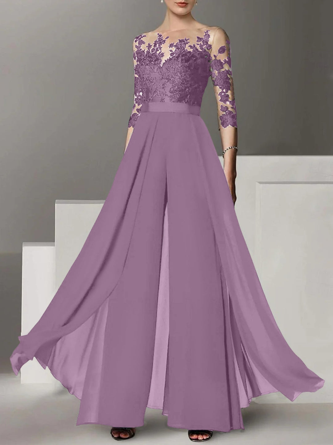 Ligne A/Princesse Collier Bijou 3/4 Length Sleeves La Longueur du Sol Plus TailleTailleurs-pantalons pour mère de la mariée avec Appliqué