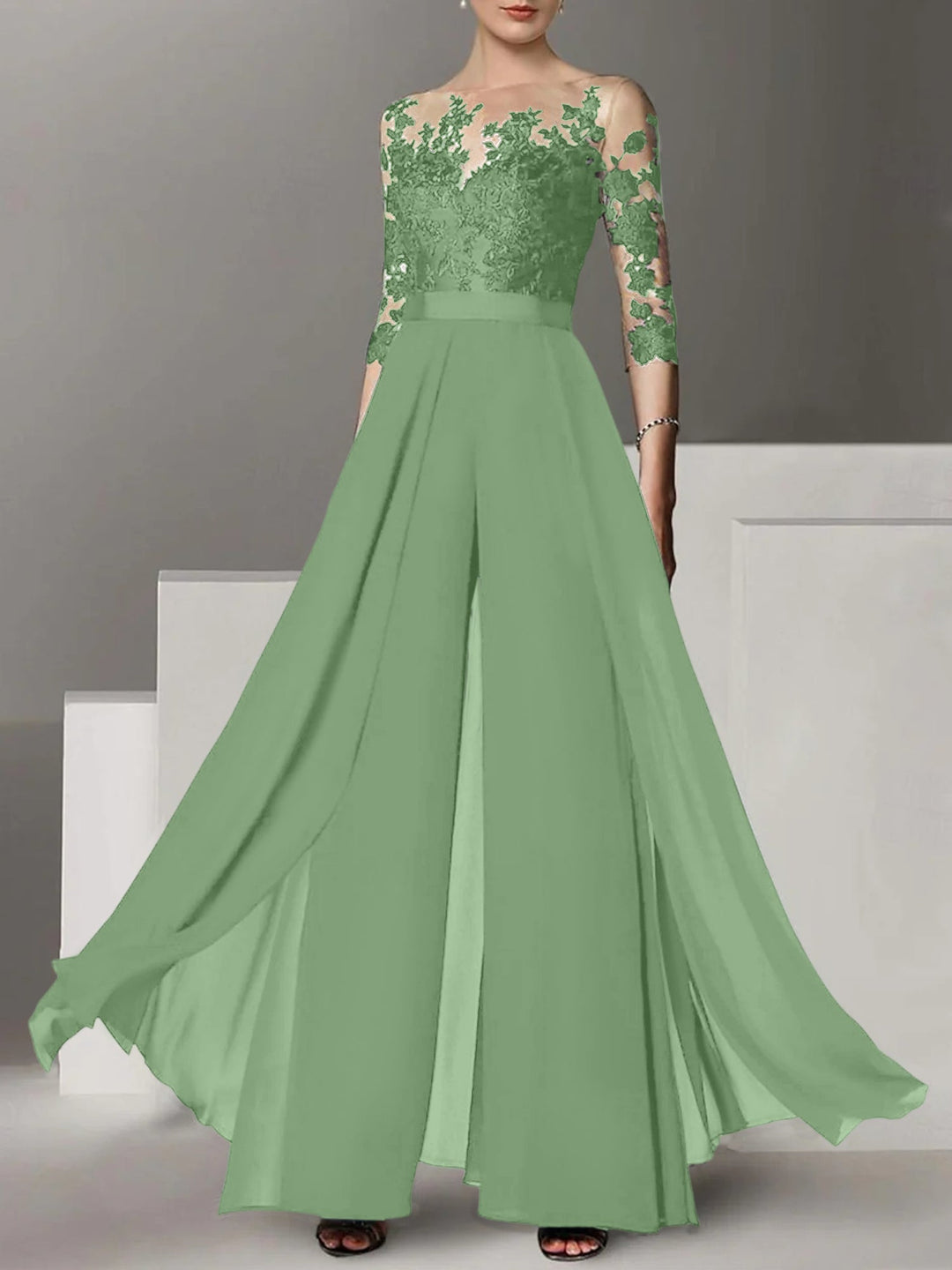 Ligne A/Princesse Collier Bijou 3/4 Length Sleeves La Longueur du Sol Plus TailleTailleurs-pantalons pour mère de la mariée avec Appliqué