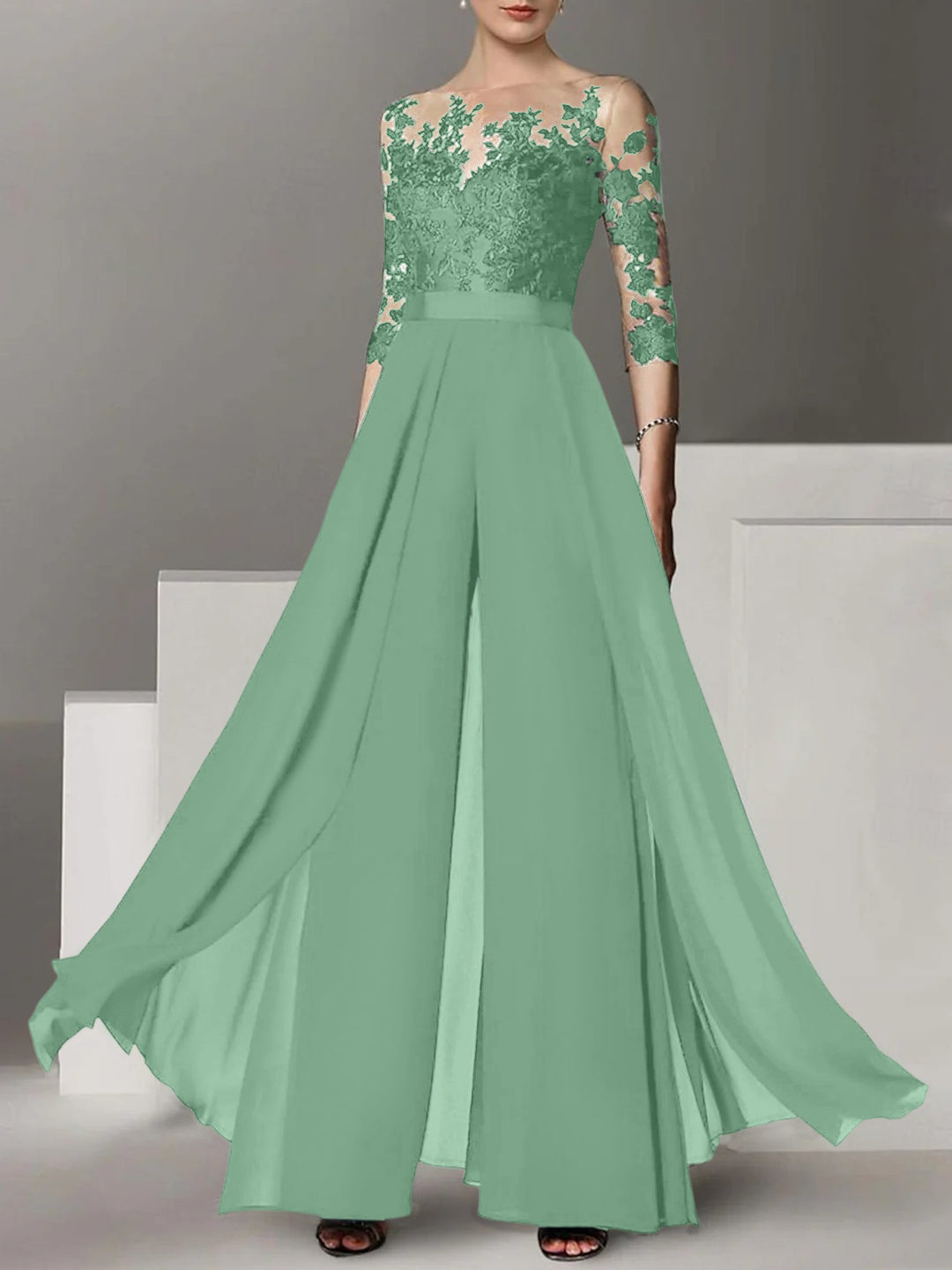 Ligne A/Princesse Collier Bijou 3/4 Length Sleeves La Longueur du Sol Plus TailleTailleurs-pantalons pour mère de la mariée avec Appliqué