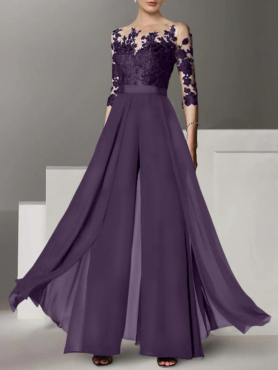 Ligne A/Princesse Collier Bijou 3/4 Length Sleeves La Longueur du Sol Plus TailleTailleurs-pantalons pour mère de la mariée avec Appliqué