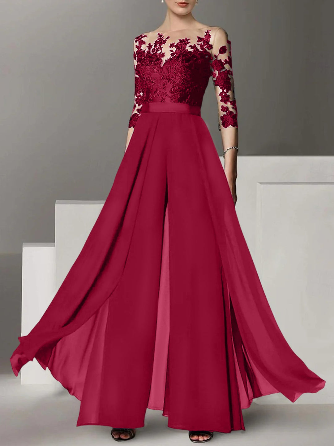 Ligne A/Princesse Collier Bijou 3/4 Length Sleeves La Longueur du Sol Plus TailleTailleurs-pantalons pour mère de la mariée avec Appliqué