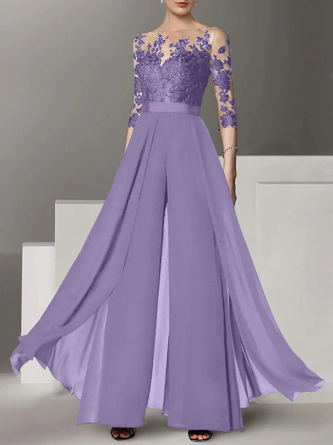 Ligne A/Princesse Collier Bijou 3/4 Length Sleeves La Longueur du Sol Plus TailleTailleurs-pantalons pour mère de la mariée avec Appliqué