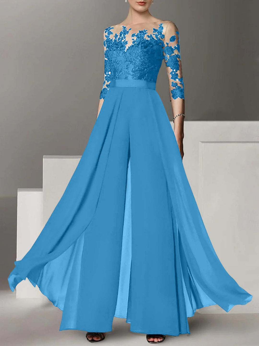 Ligne A/Princesse Collier Bijou 3/4 Length Sleeves La Longueur du Sol Plus TailleTailleurs-pantalons pour mère de la mariée avec Appliqué