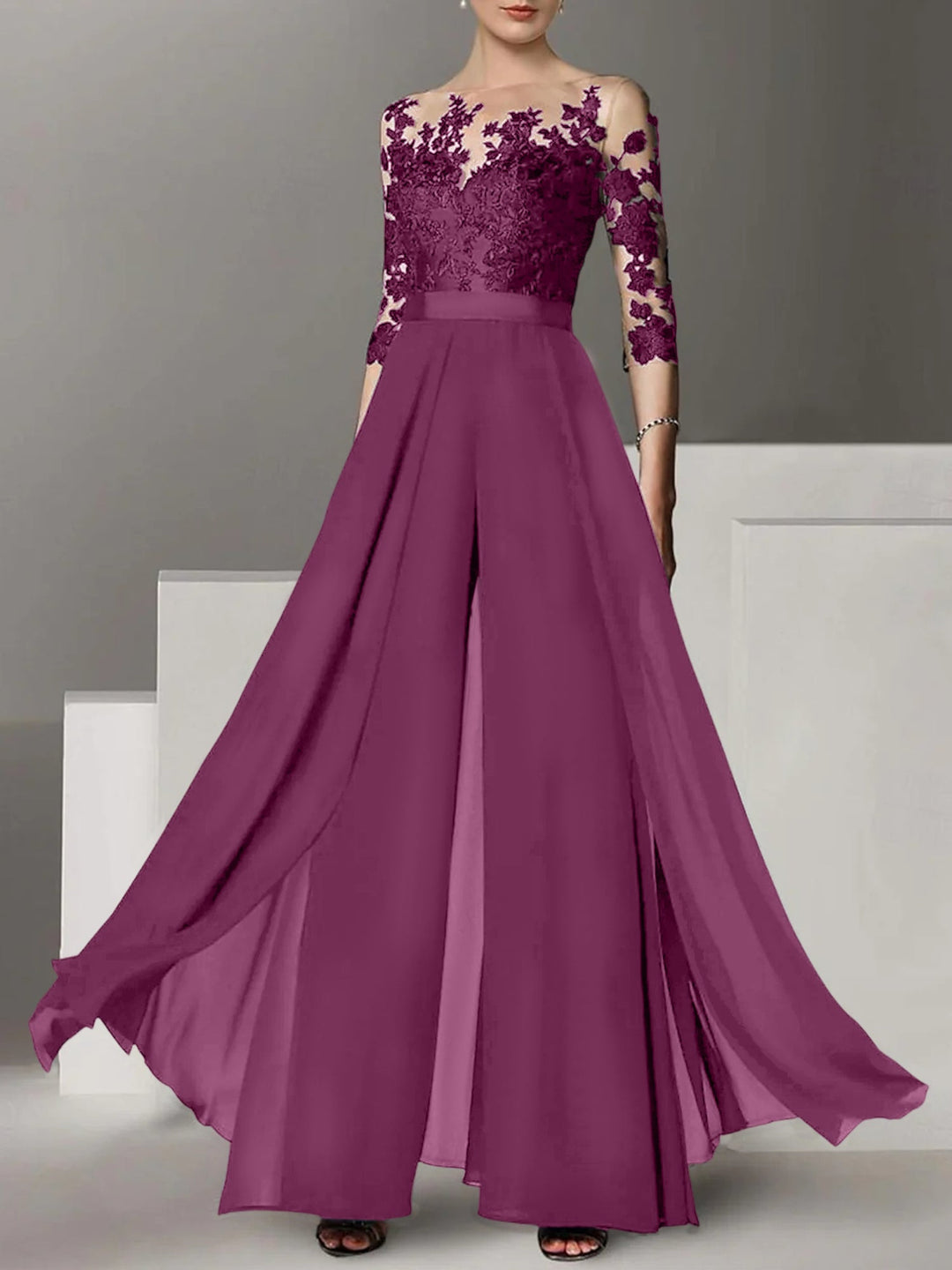 Ligne A/Princesse Collier Bijou 3/4 Length Sleeves La Longueur du Sol Plus TailleTailleurs-pantalons pour mère de la mariée avec Appliqué
