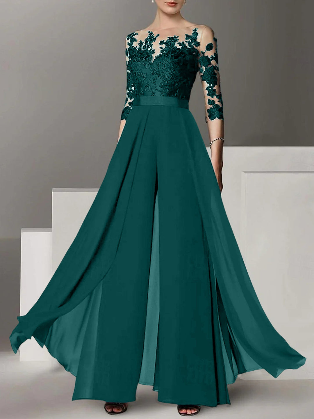 Ligne A/Princesse Collier Bijou 3/4 Length Sleeves La Longueur du Sol Plus TailleTailleurs-pantalons pour mère de la mariée avec Appliqué