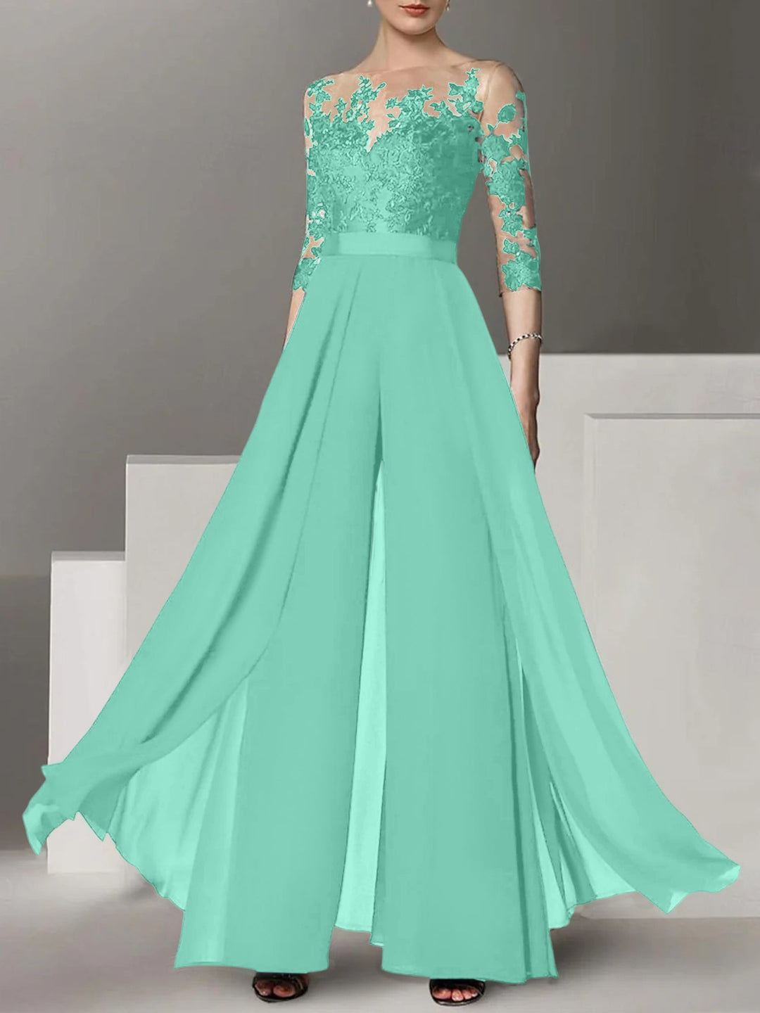 Ligne A/Princesse Collier Bijou 3/4 Length Sleeves La Longueur du Sol Plus TailleTailleurs-pantalons pour mère de la mariée avec Appliqué