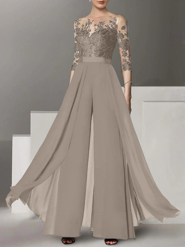 Ligne A/Princesse Collier Bijou 3/4 Length Sleeves La Longueur du Sol Plus TailleTailleurs-pantalons pour mère de la mariée avec Appliqué