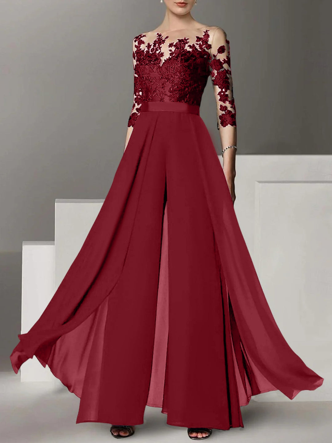 Ligne A/Princesse Collier Bijou 3/4 Length Sleeves La Longueur du Sol Plus TailleTailleurs-pantalons pour mère de la mariée avec Appliqué