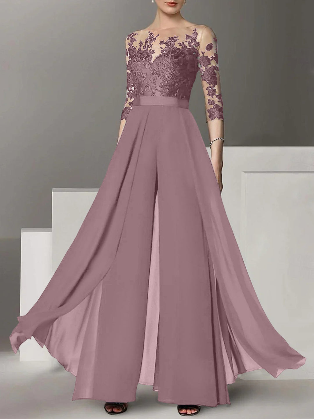 Ligne A/Princesse Collier Bijou 3/4 Length Sleeves La Longueur du Sol Plus TailleTailleurs-pantalons pour mère de la mariée avec Appliqué