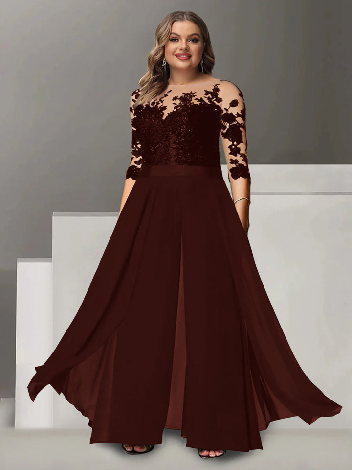 Tailleur-Pantalon pour Mère de la Mariée Grande Taille, Coupe A-Line/Princess, Col Bijou, Manches 3/4, Longueur Au Sol, avec Appliques