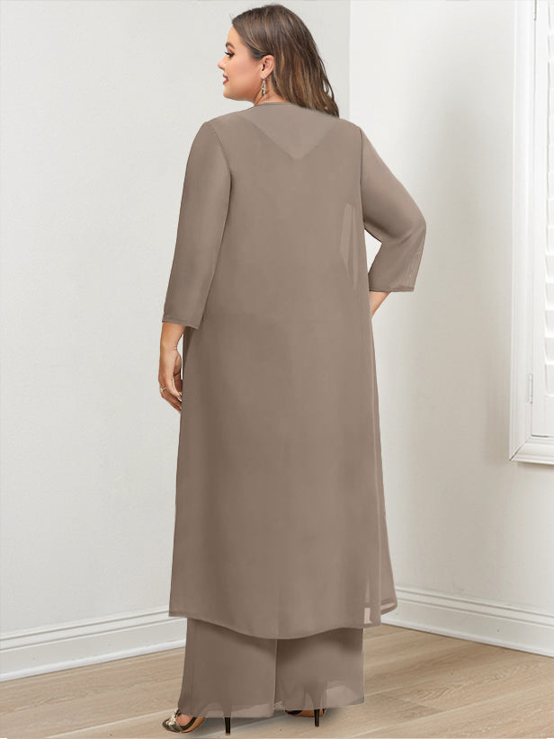 Tailleur-Pantalon en Mousseline à Col Rond et Longueur Au Sol pour Mère de la Mariée avec Veste et Applique