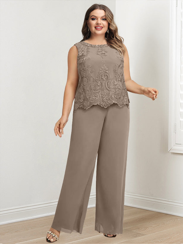 Tailleur-Pantalon en Mousseline de Soie à Col Rond et Longueur Au Sol avec Veste et Appliques pour Mère de la Mariée, Grande Taille