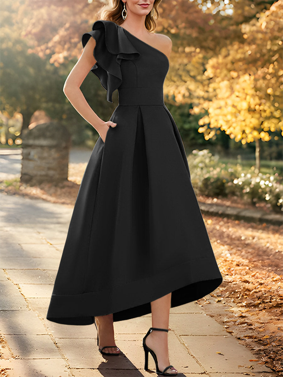 Robe de Mère de la Mariée Asymétrique Sans Manches à Une Épaule et Coupe Princesse avec Volants