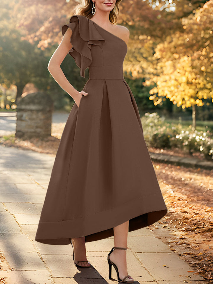 Robe de Mère de la Mariée Asymétrique Sans Manches à Une Épaule et Coupe Princesse avec Volants