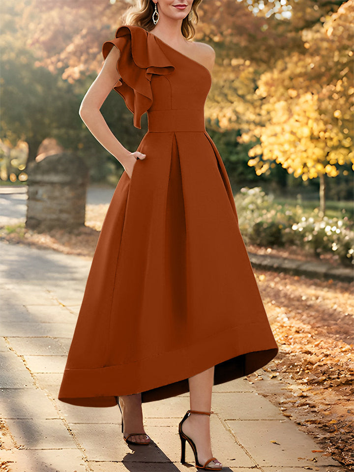 Robe de Mère de la Mariée Asymétrique Sans Manches à Une Épaule et Coupe Princesse avec Volants