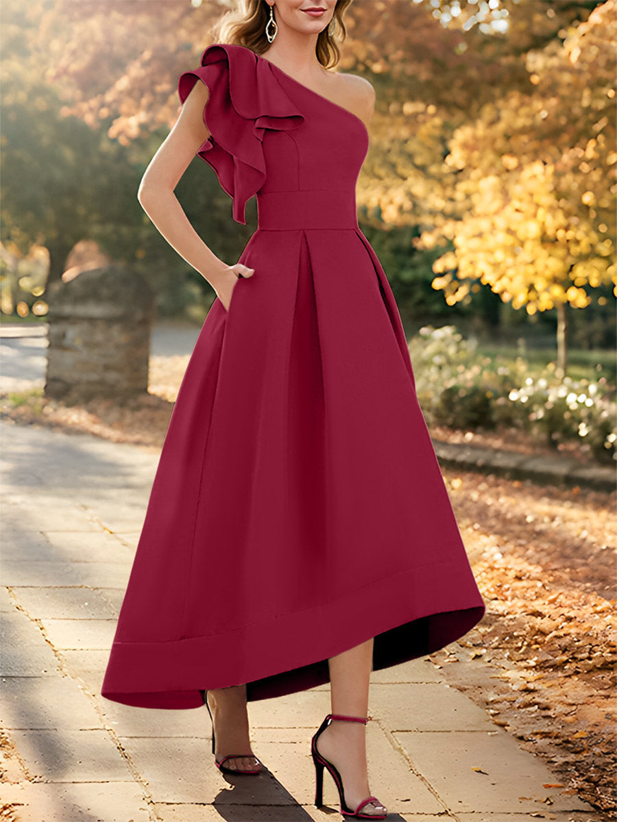 Robe de Mère de la Mariée Asymétrique Sans Manches à Une Épaule et Coupe Princesse avec Volants