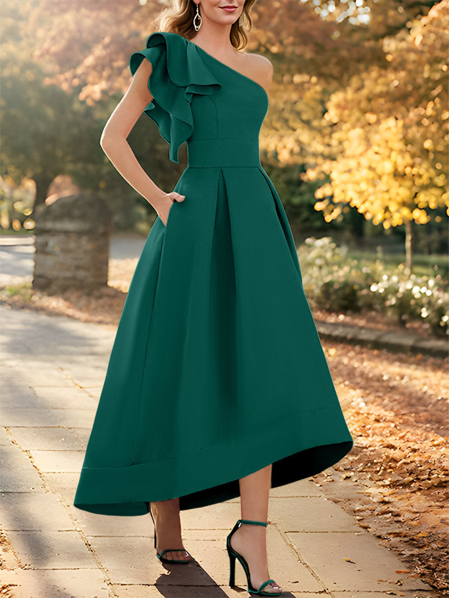 Robe de Mère de la Mariée Asymétrique Sans Manches à Une Épaule et Coupe Princesse avec Volants