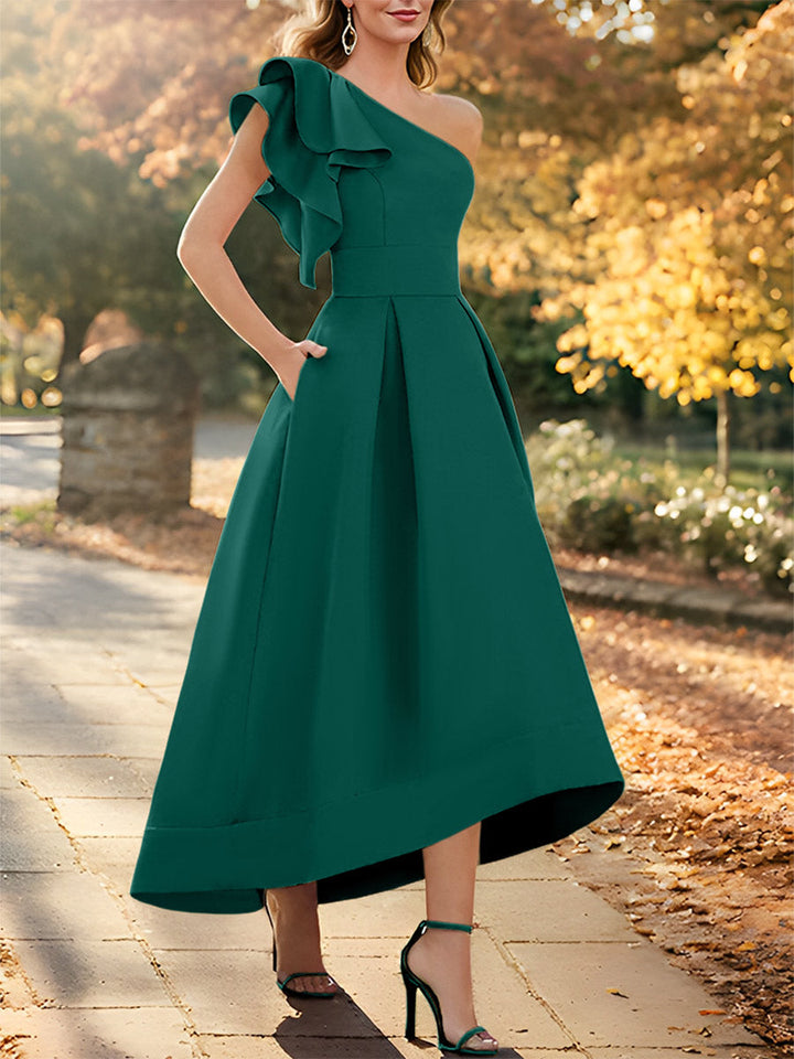 Robe de Mère de la Mariée Asymétrique Sans Manches à Une Épaule et Coupe Princesse avec Volants