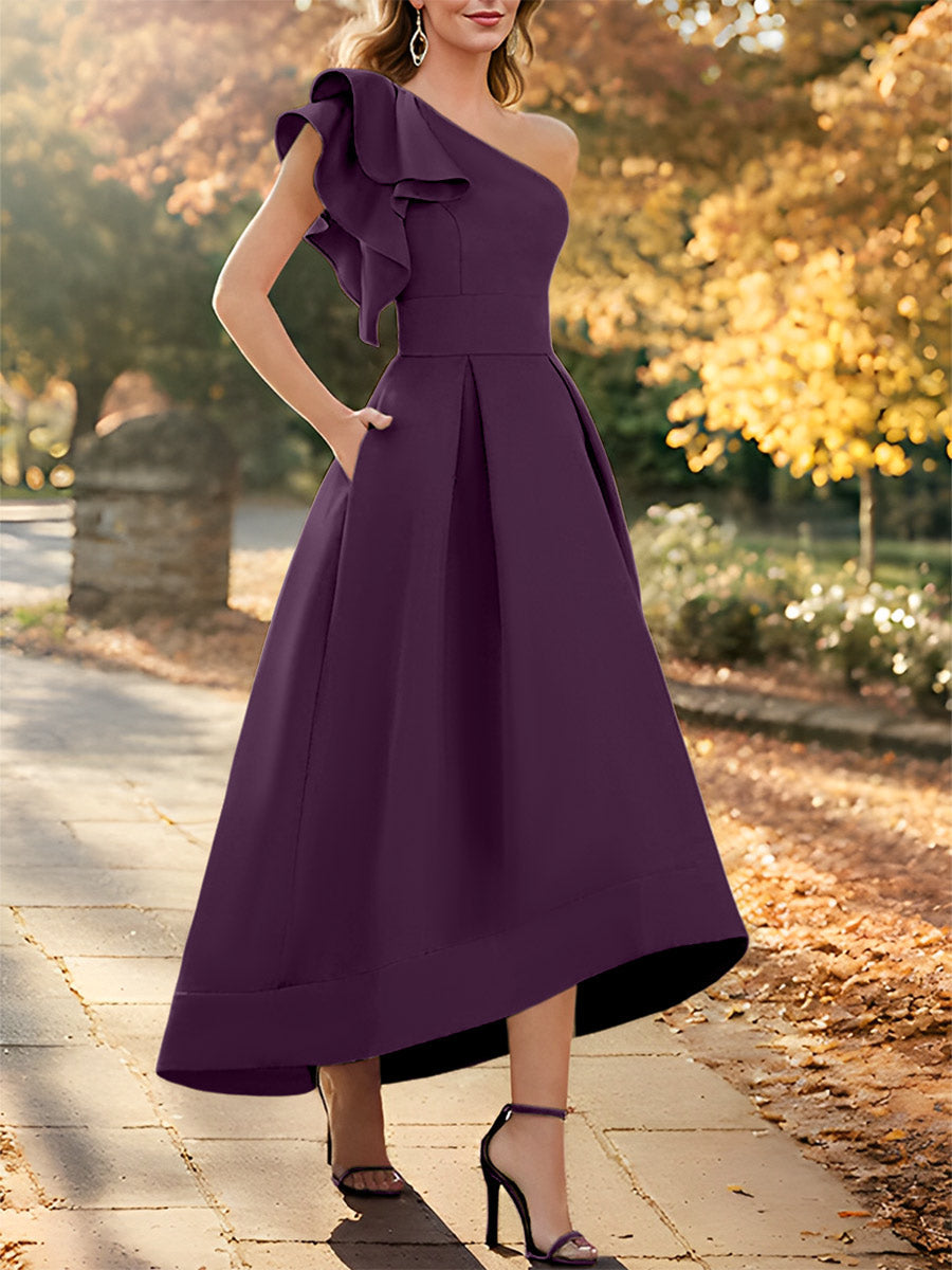 Robe de Mère de la Mariée Asymétrique Sans Manches à Une Épaule et Coupe Princesse avec Volants