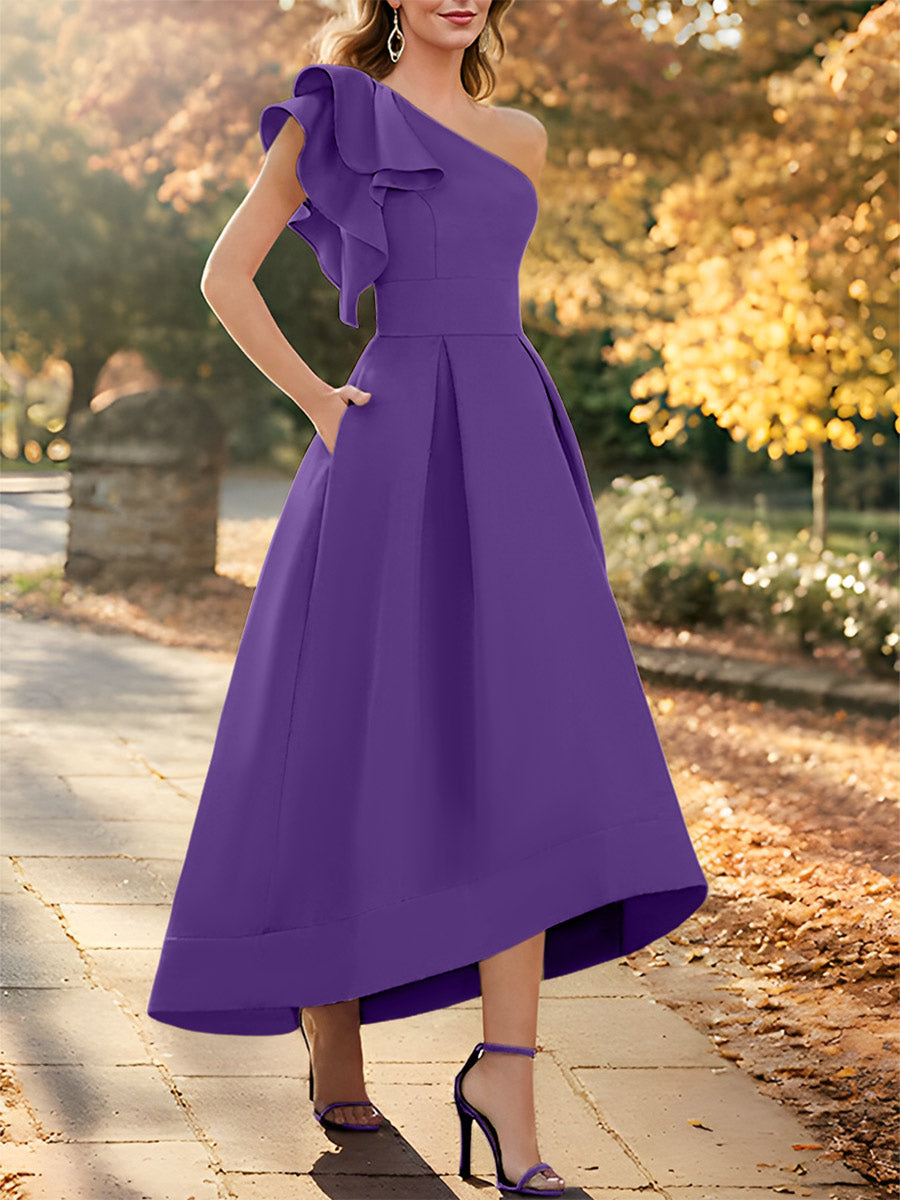 Robe de Mère de la Mariée Asymétrique Sans Manches à Une Épaule et Coupe Princesse avec Volants