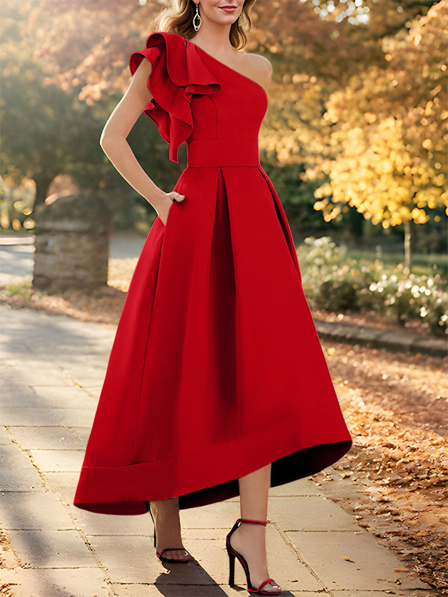 Robe de Mère de la Mariée Asymétrique Sans Manches à Une Épaule et Coupe Princesse avec Volants