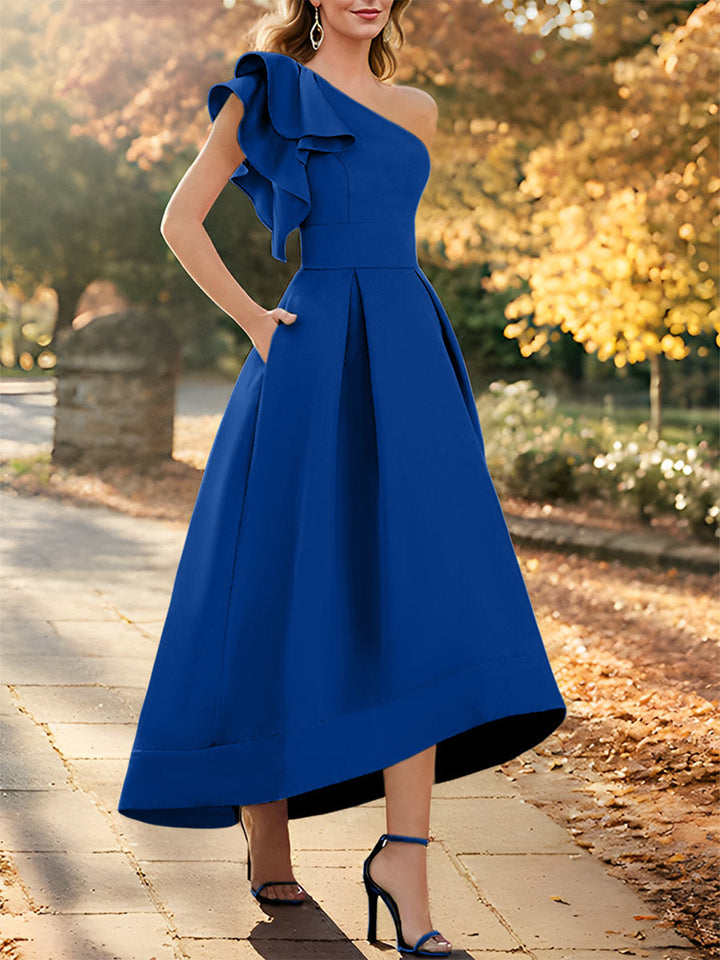 Robe de Mère de la Mariée Asymétrique Sans Manches à Une Épaule et Coupe Princesse avec Volants