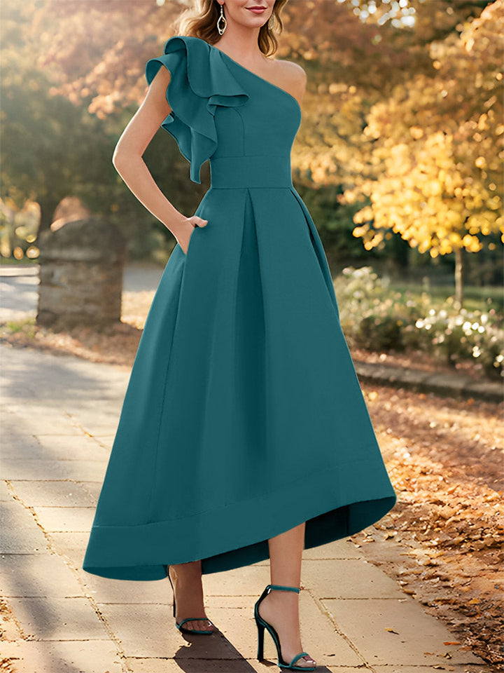 Robe de Mère de la Mariée Asymétrique Sans Manches à Une Épaule et Coupe Princesse avec Volants